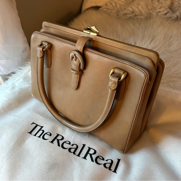 Vintage Handbags - 1950s Made In Italy Abercrombie & Fitch Tan Leather Buckle Front Handbag